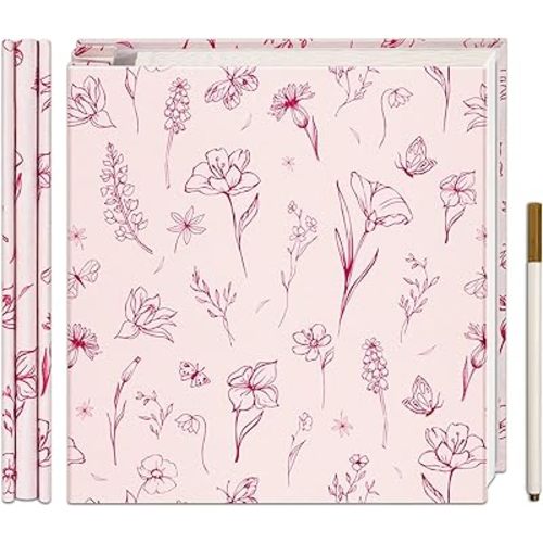Vienrose Self Adhesive Photo Album for 4X6 8X10 Pictures, Linen Cover Scrapbook Pink Flower Printed Memory Book, 40 Blank Pages with A Metallic Pen for Baby Family Graduation Wedding Memories
