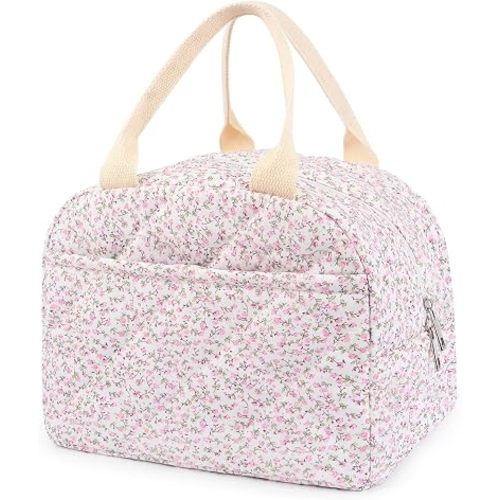 Cotton Quilted Insulated Lunch Bag, Reusable Quilted Floral Lunch Tote Bags