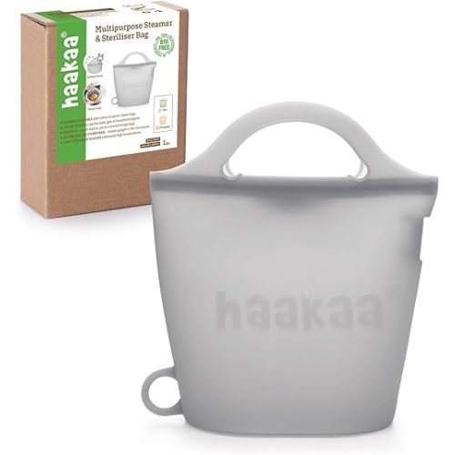 Haakaa Silicone Travel Microwave Steamer & Steriliser Bag, 30oz/900ml Reusable Silicone Steaming Bags for Baby Small Items, Pacifiers, Teethers or Baby Cups, Great for Home and On-The-Go, Grey/1PC