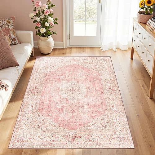 Latte&Fog 3x5 Entryway Pink Area Rugs, Vintage Floral Washable Rugs Cute Girls Bedroom Bathroom Bedside, Non-Slip Small Classroom Kids Nursery Throw Rug,Indoor Entry Door Mat for Dorm,Kitchen,Laundry