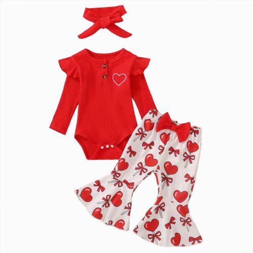 CAICJ98 Newborn Infant Baby Girl Valentines Outfit Long Sleeve Knit Romper Red Onesie + Heart Flare Pants + Bow Headband 3Pcs (Red,0-3 Months)
