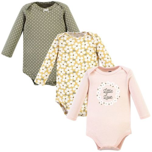 Hudson Baby Infant Girl Cotton Long-Sleeve Bodysuits, Sage Floral Wreath 3 Pack, Newborn