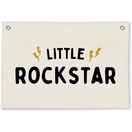 Little Rockstar Boys Room Decor - Linen Banner Wall Hanging Canvas Banner Flag Decor for Kids Toddler Bedroom Nursery Playroom