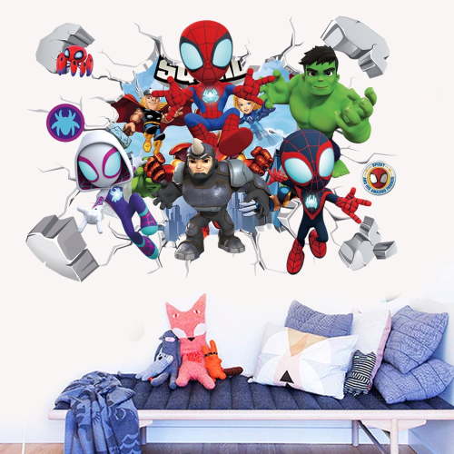 Spider-Man Breaking Through Wall Sticker Children Boys Captain America Wall Decals Peel and Stickers for Walls Bedroom Living Room Home Décor