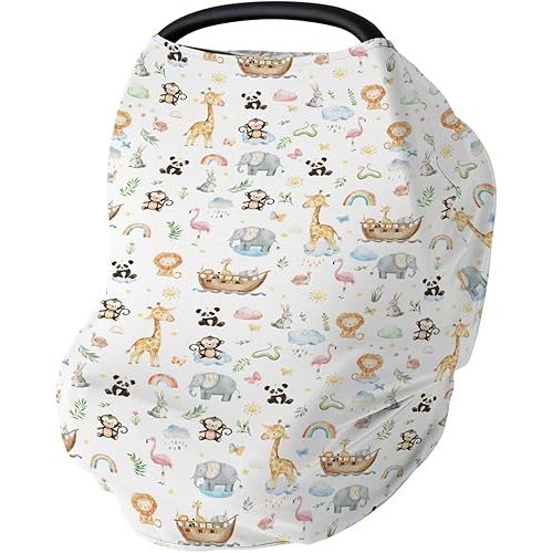 Cute Animals Ship Car Seat Cover for Babies Lion Panda Giraffe Flamingo Rainbow Sun Leaves Stretchy 5-in-1 Cover Adjustable Car Canopy Breastfeeding Cover Wildlife Breathable Nursing Cover-Up