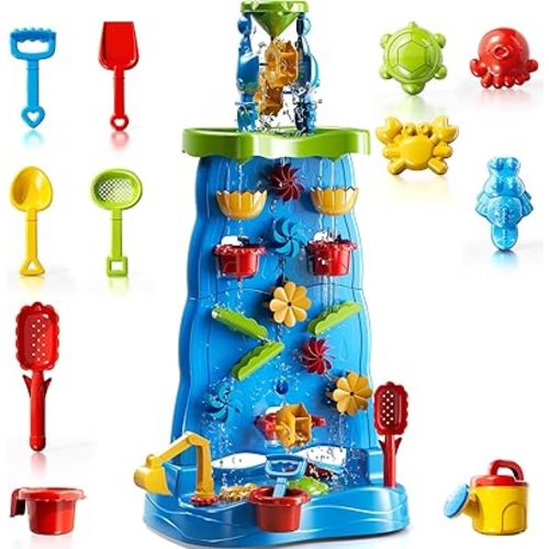 Water Table for Toddlers 1-3 Kids Ages 4-8, Double-Sided Waterfall Discovery Wall with Rich Activity Set, Summer Kids Outdoor Beach Sensory Sand Water Play Table Toys, Birthday Gifts for Boys & Girls