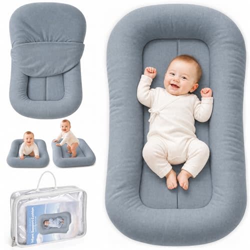 Baby Lounger, Infant Support Cushion 0-24 Months, Gray Blue | Breathable Cotton, Machine Washable Cover, Infant Lounger, Home and Travel, Portable Tummy Time Mat, Baby Registry Gift