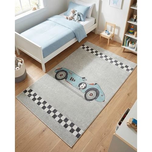 Rugs.com - Whimsy Kids Rug – 5' 3 x 8' Gray Easy-Clean Area Rug – Playful Race Car Design for Playrooms, Nurseries, and Bedrooms