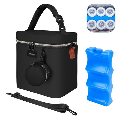 Breastmilk Cooler Bag with Ice Pack, Insulated Baby Bottle Tote Bag for 6 Bottles Up to 9 oz, Clip-On Pouch for Baby Essentials, Leakproof, Waterproof, Shoulder Strap for Nursing Moms