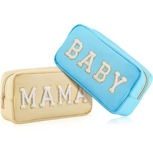 Sanwuta 2 Pieces Mama Gifts Makeup Bag Mom Birthday Gifts Nylon Cosmetic Bag Mothers Day Appreciation Toiletry Preppy Patch Chenille Letter Pouch for Women Her New Mom(Blue, Beige,Baby and Mama)