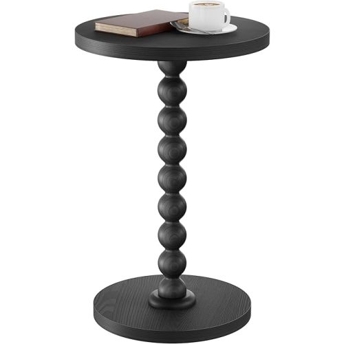Round Side Table, Drink Table for Small Spaces, Modern Accent Nightstand with Rubberwood Leg for Living Room, Bedroom, Corners, and Office (Black)