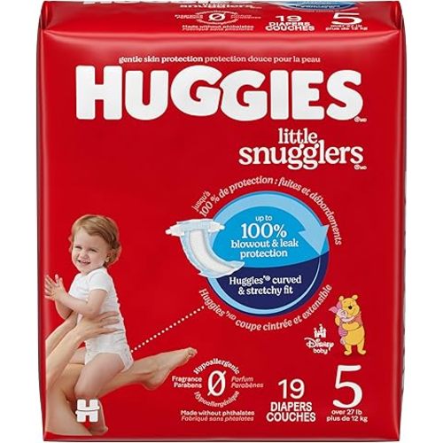 Huggies Size 5 Diapers, Little Snugglers Baby Diapers, Size 5 (27+ lbs), 19 Count, Packaging May Vary
