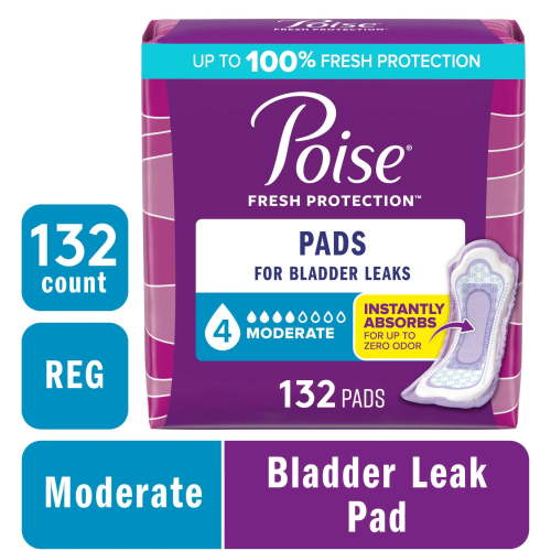 Poise Incontinence Pads for Women, 4 Drop Moderate Absorbency, Regular Length, 132 Count