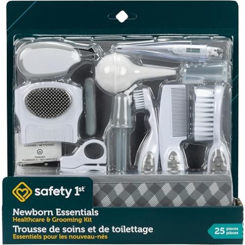 Safety 1st Newborn Essentials Healthcare & Grooming Kit – Complete Baby Care Set with Nasal Aspirator, Nail Clippers, Thermometer, Toothbrush, Medicine Dropper, Storage Box, and More – Perfect Gift for New Parents – Grey