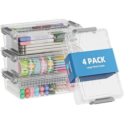 BiuLeon 4 Pack Extra Large Pencil Box, Plastic Pencil Case Organizer, Clear Crayon Box Marker Organizer, Stackable Craft Organizers and Storage for Pen, Craft, Art Supply(Grey)