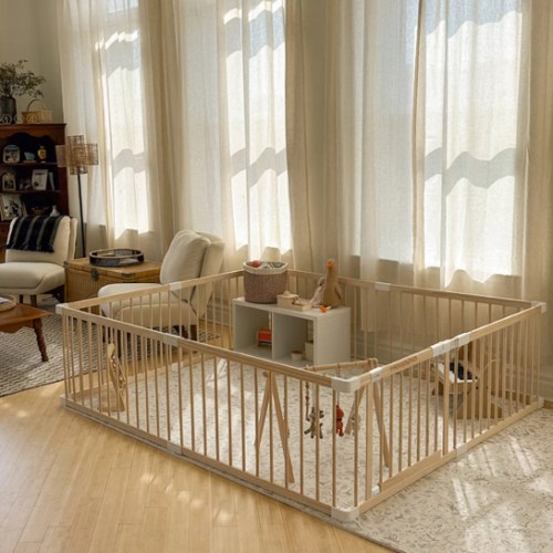 HARPPA Wooden Baby Gate Playpen | Non-Toxic Foldable DIY Adjustable Play Yard for Infants & Toddlers – Natural Finish Baby Fence for Small & Large Spaces