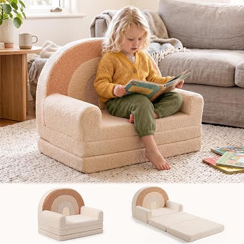 little dove Extra Wide Soft Kids Couch Fold Out, 2-in-1 Kids Couch, Convertible Kid Sofa, Kid Furniture for Playroom, Ideal Gifts for Boys & Girls Ages 3+, Beige