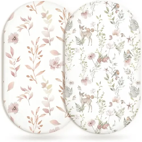Bassinet Sheets for Baby Girls Boys 2 Pack, Fitted Baby Mattress Sheet for Rectangle, Oval, Hourglass Bassinet Mattress, Breathable Cozy & Universal Fit (Floral Fawn, Bassinet Sheet)