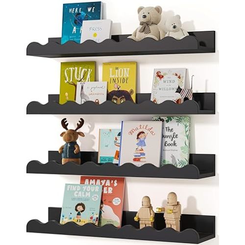 Kids' Bookshelf Set of 4 - Black Floating Nursery Book Shelves, Picture Ledge Shelf for Wall Decor and Storage - Perfect for Books, Toys, Photo Frames, and Nursery Décor