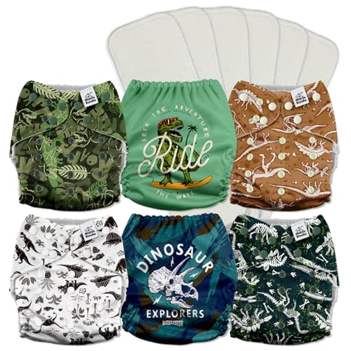 Mama Koala 3.0 Pocket Cloth Diapers for Babies with AWJ Lining, 6 Pack with 6 5-Layer Natural Cloth Diaper Inserts - Reusable and Washable Pocket Diapers(A-It's Dinosaurs)
