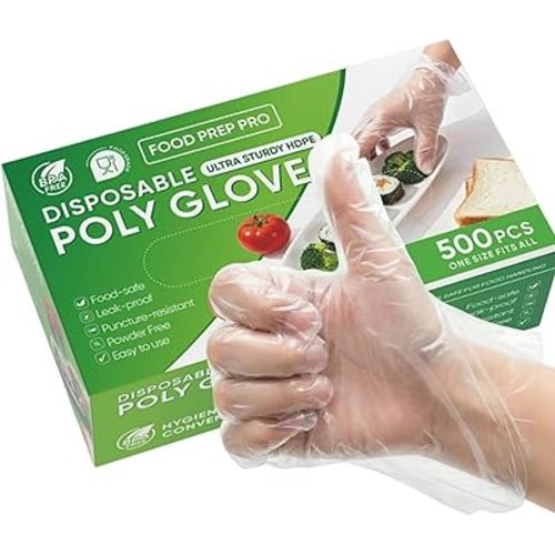 JedJadr 500 Count Disposable Food Service Gloves – Plastic Gloves For Food Handling, Clear Poly Plastic Glove For Kitchen Serving – Lightweight Disposable Kitchen Glove, One Size Fits Most