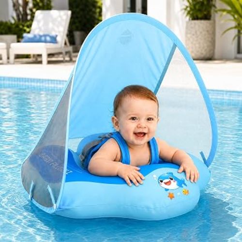 Baby Pool Float with Canopy UPF50+ Sun Protection– Fabric Cover Skin-Friendly, No Flip Over, Inflatable Swimming Infant Pool Floats for 6-36 Months, Toddler Floaties, Baby Swim Float for Boys Girls