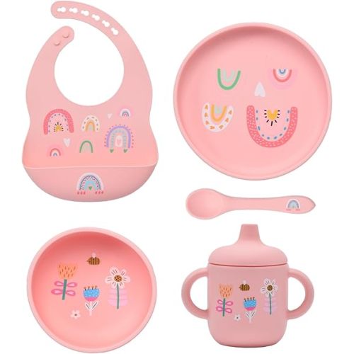 silicone baby feeding set, Baby Led Weaning Supplies,Cutlery Feeding Supplies, Baby Utensils Feeding Essentials for Starting Solids,5 Piece Set (pink)