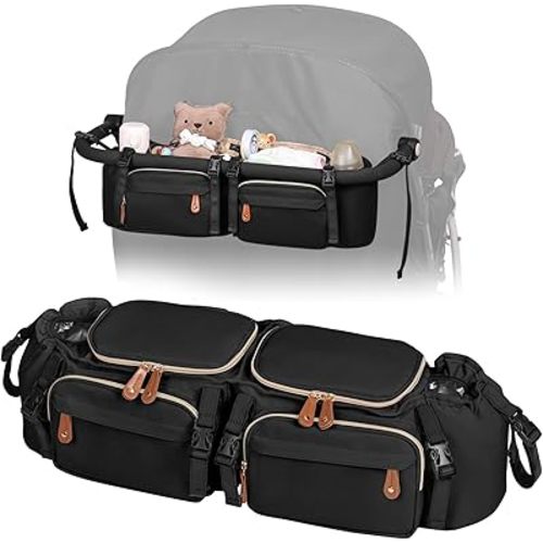 Double Stroller Organizer for Bob Duallie and Baby Jogger City Mini GT2, Double Stroller Caddy Organizers with Cup Holder and 2 Cooler Pockets Parent Console Double Stroller Accessories