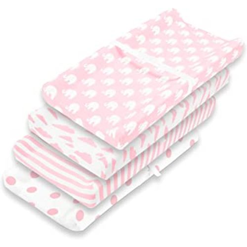 Premium Baby 4 Pack Girl Pure Jersey Machine Washable Pink and White Changing Table Cover – Diaper Changing Pad Cover Sheets