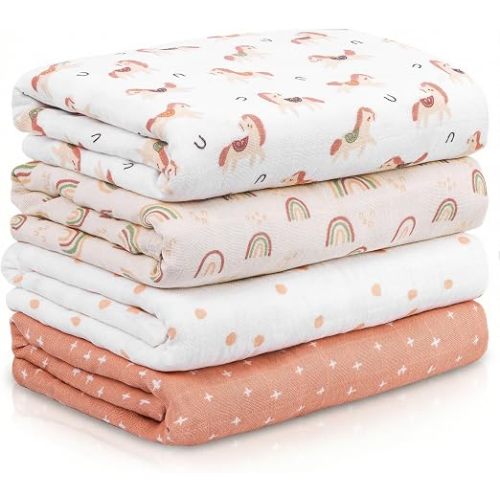 Muslin Swaddle Blankets for Newborn, 4 Pack Cotton Baby Blankets, Large 31.5 x 43.3 inch Breathable Soft Receiving Blanket, Essentials Swaddle Wrap Burping Clothes, Orange Rainbow Horse