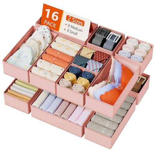 DIMJ Drawer Organizers Clothes, Set of 16 Dresser Organizer Bins, Fabric Closet Organizers and Storage, Shallow Drawer Dividers for Nursery, Clothing, Baby Clothes, Socks, Underwears, Tie (Pink)
