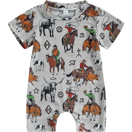 Gueuusu Country Baby Clothes Boy Girl Western Cow Print Short Sleeve Romper Bodysuit Ribbed One Piece Jumpsuit Summer Outfit