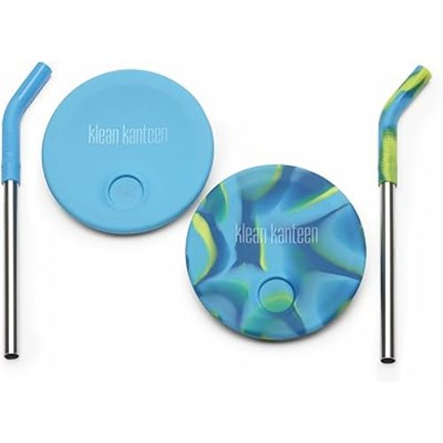Klean Kanteen Kid's Cup Straw Lid 2-Pack - Food-Grade Silicone Cup Lids with Reusable Drinking Straws - Blue Tie Dye (Pack of 2)