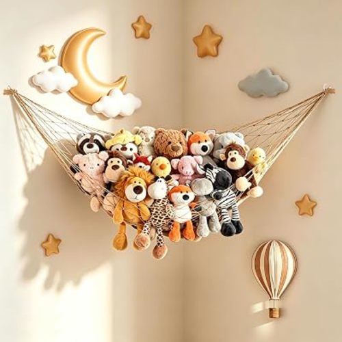 CERETIA Stuffed Animal Hammock Corner Storage Net Plushie Organizer, Brown