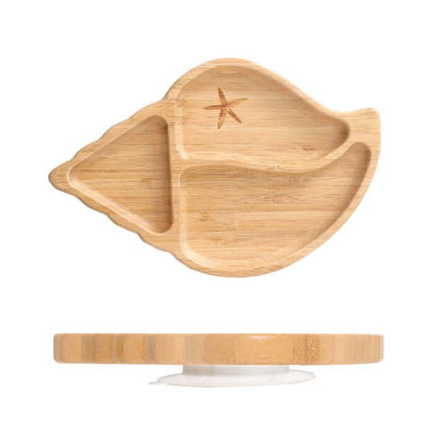 Conch Cute Cartoon Baby Divided Plate with Suction Cup for Toddlers Kids Durable Wood Food Serving Tray