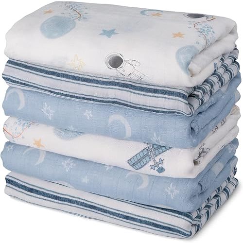 GLLQUEN BABY Receiving Blanket Boy Cotton Muslin Swaddle Blankets Girl Newborn Squares Breathable & Soft Thin Baby Blankets Cloths Double Absorbent Infant Swaddling Wrap - 6 Pack (Blue Astronaut)