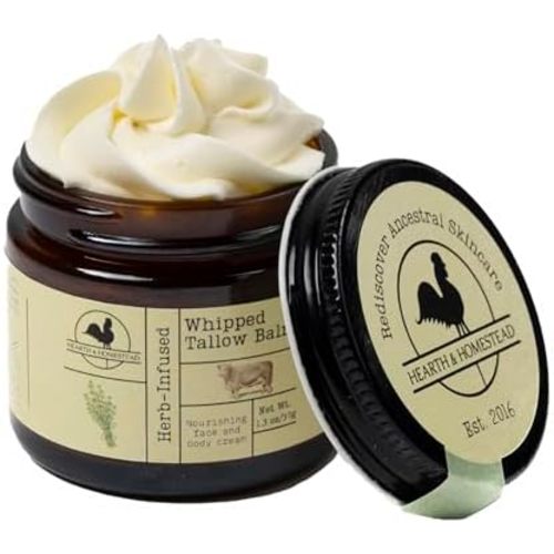 Hearth and Homestead: Handmade Whipped Tallow Balm (Unscented/Herb-Infused) - Organic Body Butter with Infused Olive Oil, for Eczema, Rosacea, Baby - 1.3 oz