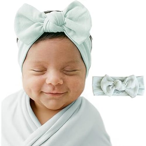 Caden Lane Baby Headwrap with Knotted Bow, Soft & Stretchy Bamboo Viscose, Comfortable Infant Hairband for Newborn & Toddler Girls, Ideal Gift for Baby Shower & Milestone Celebration, Lily Pad Green