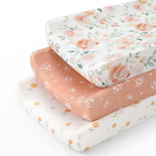 Diaper Changing Pad Cover Girl 32"x16" 3-Pack for Changing Table Pad | Super Soft Stretchy Microfiber Washable, Fitted Baby Changing Table Sheets Sets for Newborn Diaper Mat, Orange Flower