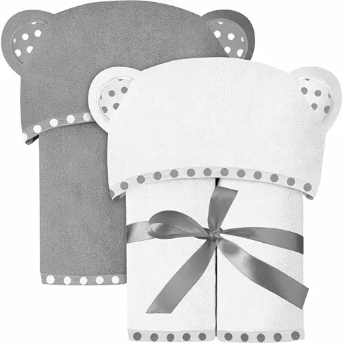 Set of 2 Hooded Baby Towels – White and Grey – Luxurious, Large and Super Absorbent – 30 x 30 Inch – Soft and Suitable for Infants, Toddlers and Kids – 400 GSM