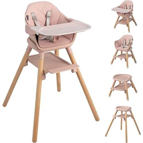 HONEY JOY Baby High Chair, 6 In 1 Convertible Wooden Highchair for Babies and Toddlers/Toddler Chair/Bar Stool, Removable Double Tray & Reversible Footrest, Safety Harness for Infant Boys Girls (Pink)
