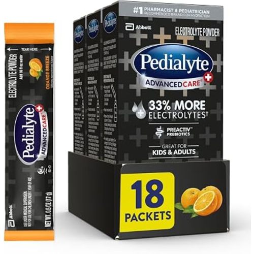 Pedialyte AdvancedCare Plus Electrolyte Powder, Has 33% More Electrolytes and PreActiv Prebiotics, Orange Breeze, 6 Powder Packets (Pack of 3)