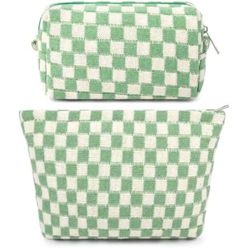 SOIDRAM 2 Pcs Checkered Makeup Bag Large Cosmetic Bag Toiletry Bag Makeup Pouch Travel Bag Organizer Cute Makeup Brushes Aesthetic Accessories Storage Bag for Women Green