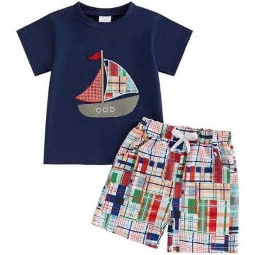 Toddler Baby Boy Summer Outfits Short Sleeve Embroidered T Shirt Tees + Striped/Plaid Shorts Infant Clothes Set