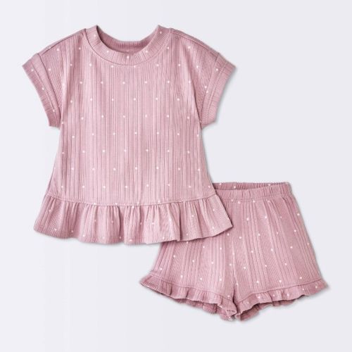 Baby Girls' 2pc Polka Dot Peplum T-Shirt and Ruffle Shorts Set - Cloud Island™ Lilac Purple 3-6M