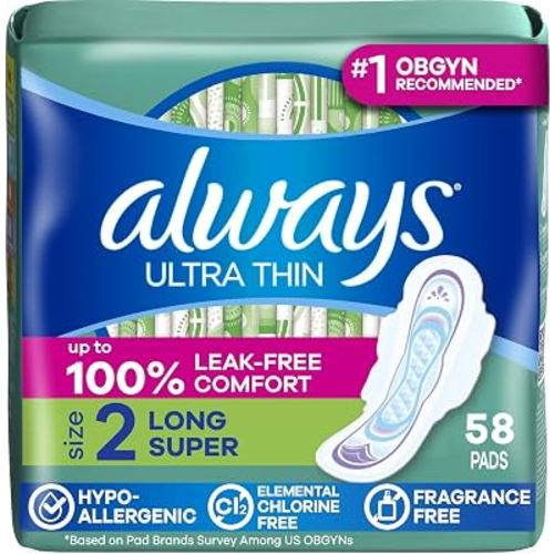 Always Ultra Thin Feminine Pads with Wings for Women, Size 2, Long Super Absorbency, Unscented, Up to 100% Leak-Free Protection, 58 Count