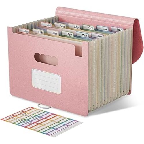 Accordion File Organizer, 12-Pocket Wheat Straw Expanding File Folder, Portable Monthly Bill & Tax Receipt Organizer, Letter/A4 Size Document Holder with Colorful Tabs-Strawberry Pink