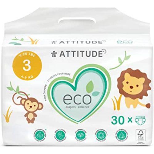 ATTITUDE Natural Diapers, Non-Toxic, Eco-Friendly, Safe for Sensitive Skin, Chlorine-Free, Leak-Free & Biodegradable Baby Diapers, Plain White (Unprinted), Size 3 (9-20 lbs), 30 Count (16230)