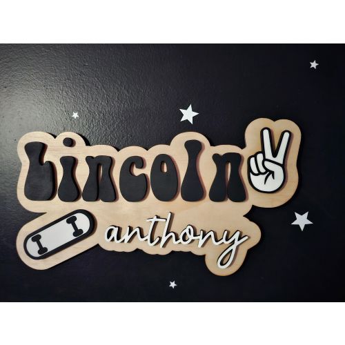 Personalized Retro Name Sign: Skateboard Peace Sign Nursery Decor | Boys Room Decor | Custom Skateboard Baby Boy Wall Art | Baby Shower Gift