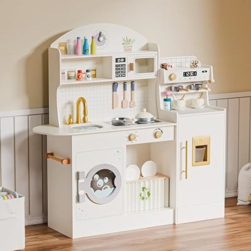 JOYMOR Wooden Play Kitchen w/Coffee Machine, Plenty of Play Pretend Kitchen Accessories, Kids Play Kitchen Design, Best Gift for Ages 3+ (Cream&Gold)